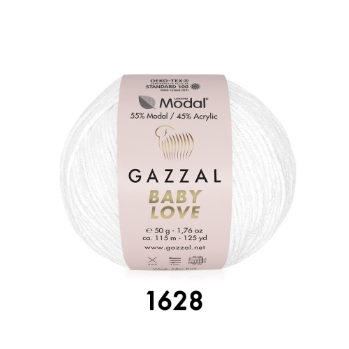 Пряжа Gazzal Baby Love,  55% - модал, 45% - акрил, 50гр/115м, цв.1628 – белый