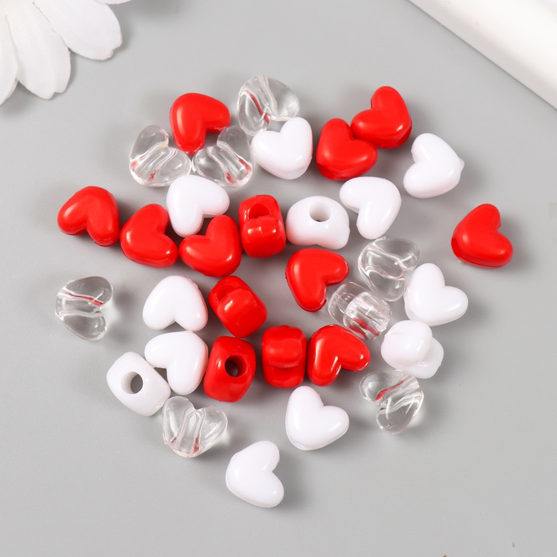 Бусины пластик "Сердце. Красный, белый, прозрачный" набор 10шт. 1,2х0,9х0,8 см