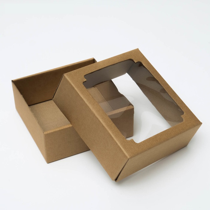 Коробка сборная без печати крышка-дно бурая с окном 14,5х14,5х6 см