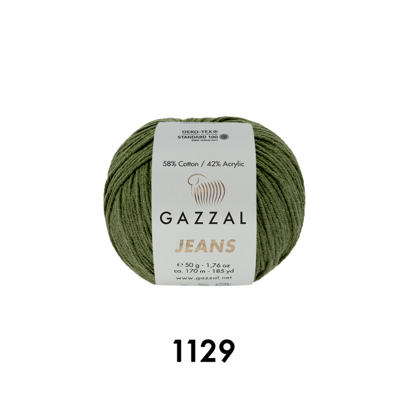 Пряжа Gazzal Jeans 58% хлопок, 42% акрил, 50гр/170м, цвет: 1129 (хаки)