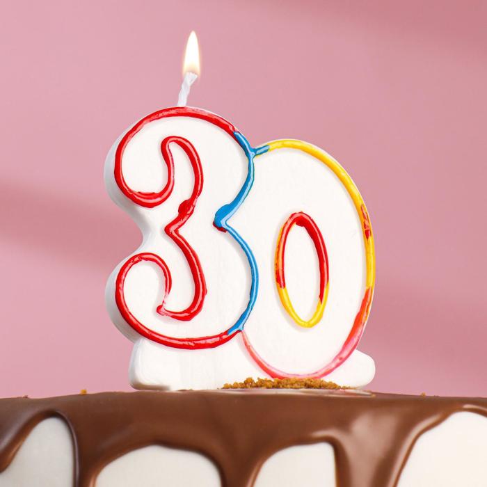 Свеча для торта, цифра "30", ободок цветной, блёстки, 8 см