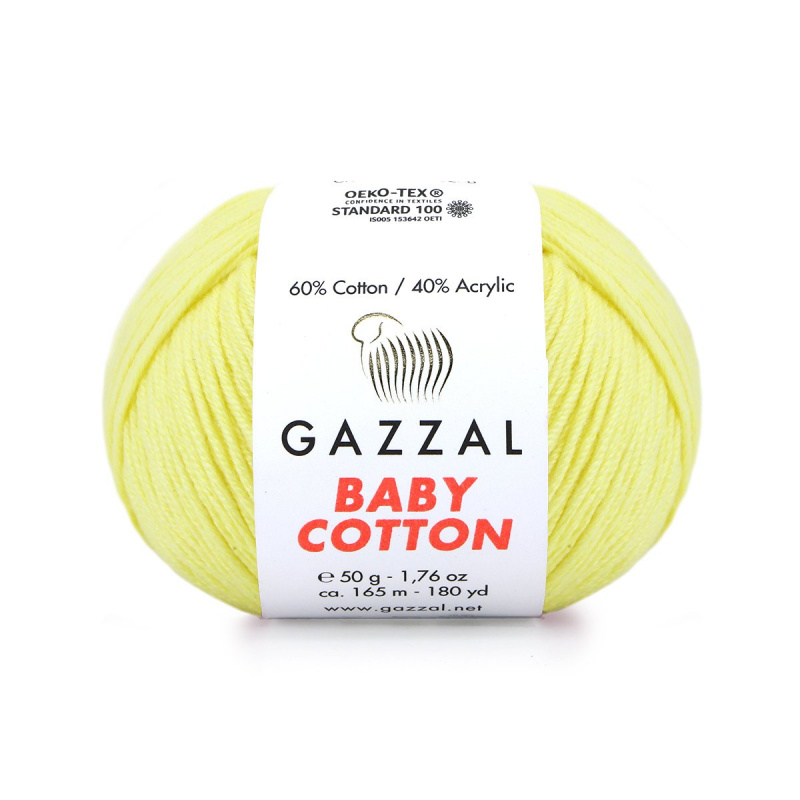 Пряжа Gazzal baby cotton 60% хлопок, 40% акрил, 50гр/165м, цвет: 3413 (нежно-жёлтый)