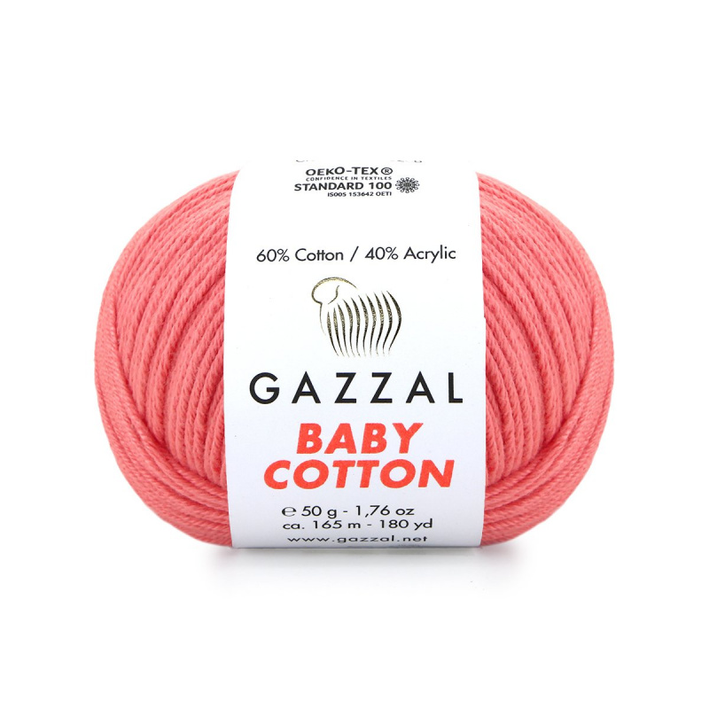 Пряжа Gazzal baby cotton 60% хлопок, 40% акрил, 50гр/165м, цвет: 3435 (розовый коралл)