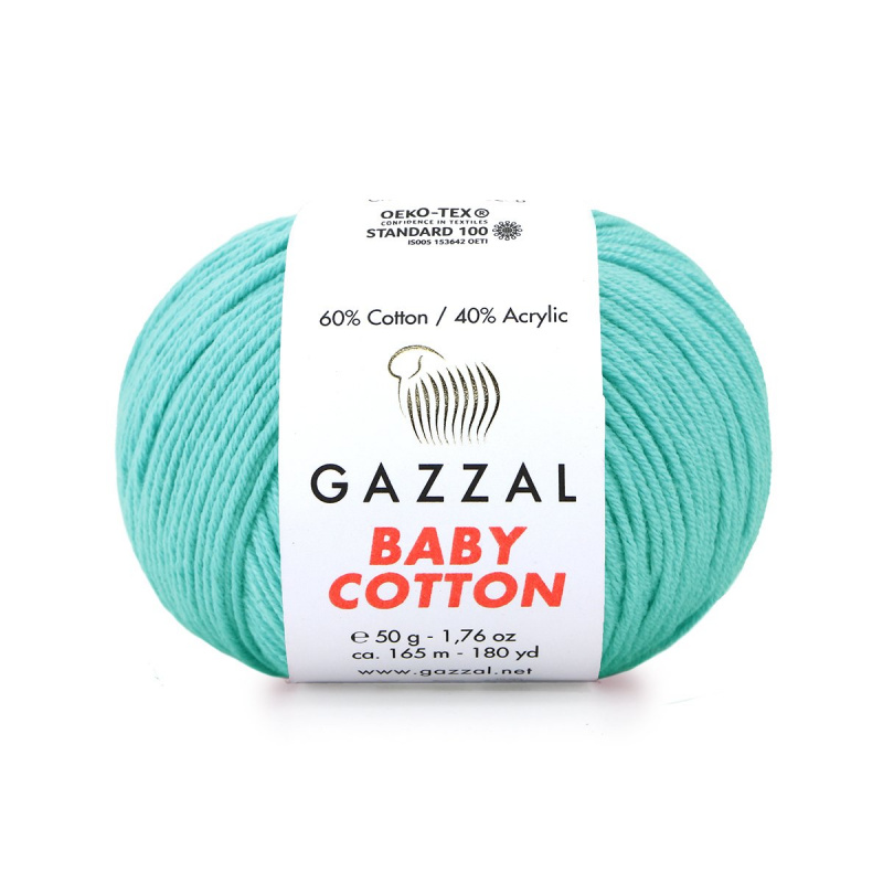 Пряжа Gazzal baby cotton 60% хлопок, 40% акрил, 50гр/165м, цвет: 3452 (светло-бирюзовый)