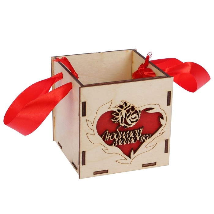Кашпо деревянное кубическое "Любимой мамочке", стандарт, ручка лента, красный