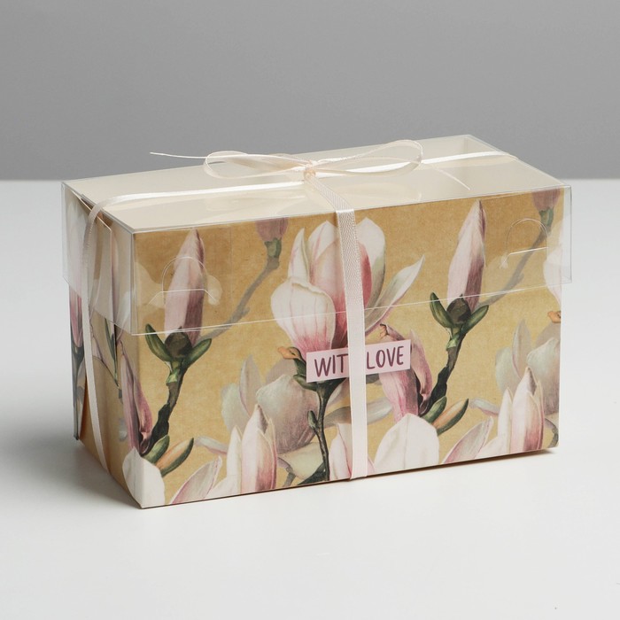 Коробка на 2 капкейка «Магнолии», 16 × 8 × 10 см