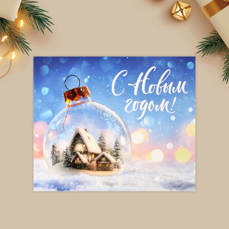 Открытка-мини «С Новым годом!», снежный елочный шар 10.7 × 8.8 см