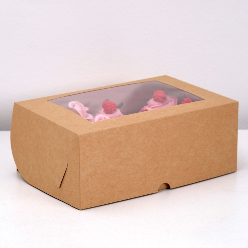 Коробка на 6 капкейков с окном, крафт, 25х17х10 см