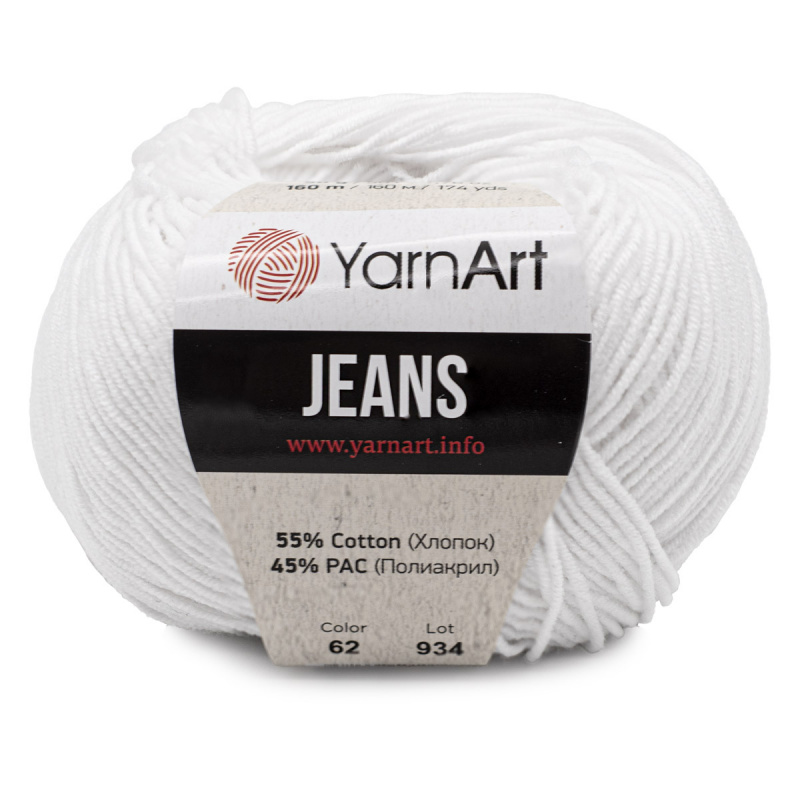 Пряжа YarnArt 'Jeans' 50гр 160м (55% хлопок, 45% полиакрил) (62 белоснежно-белый)