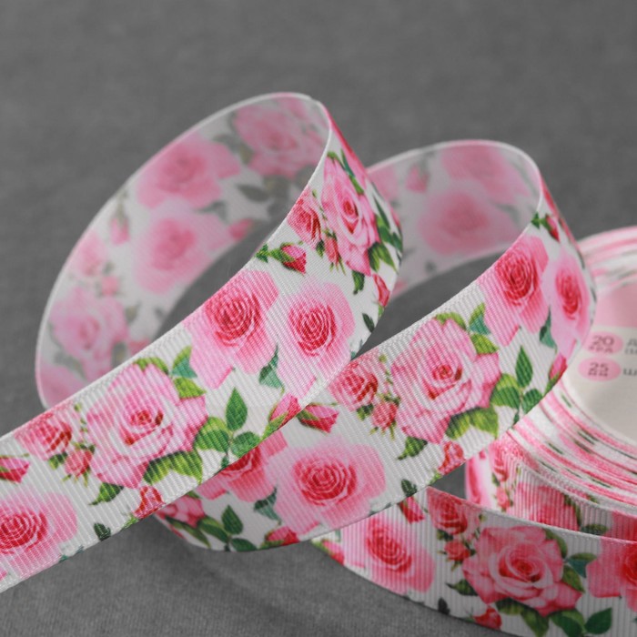 Лента репсовая «Розы», 25 мм, цвет белый/розовый