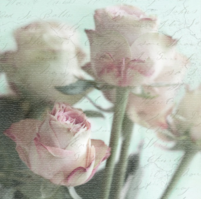 Салфетка для декупажа "Розы и текст", трехслойная, бумажная, 33 х 33 см., 1/4 (Vintage Design)